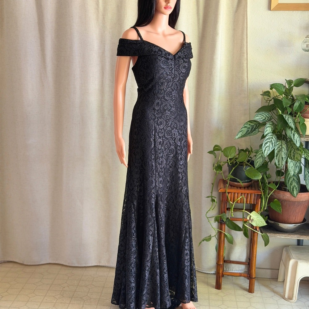 Black Floral Lace Off Shoulder Mermaid Maxi Gown Evening Dress Gothic Romance 14